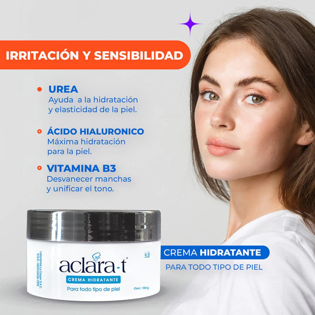 Aclara-T Crema Hidratante Facial B3 + Ácido Hialurónico - Protección Solar – 100g - Image 2
