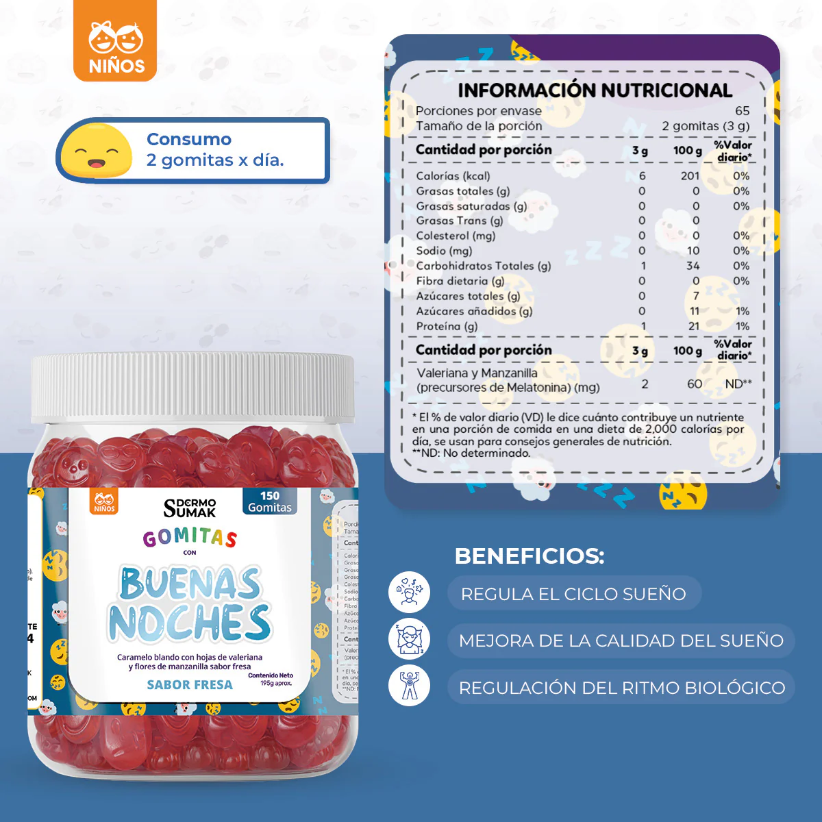 GOMITAS BUENAS NOCHES NIÑOS 150 GOMITAS - DERMO SUMAK - Image 4