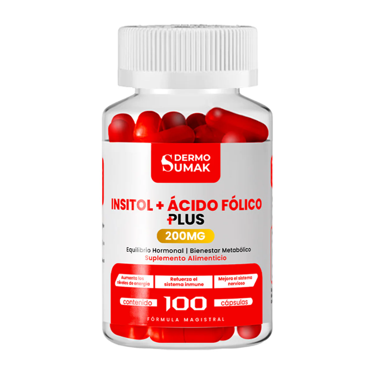 DERMO SUMAK – SUPLEMENTO PARA EQUILIBRIO HORMONAL Y REPRODUCTIVO – INOSITOL + ÁCIDO FÓLICO – 100 CÁPSULAS - Image 4