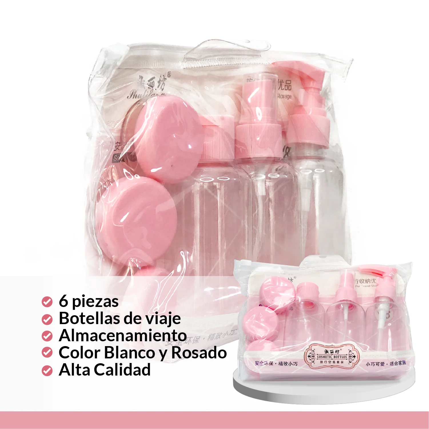 Kit Neceser Cremera de Viaje – 6 Piezas Rosado – Transparente y Reutilizable - Image 2