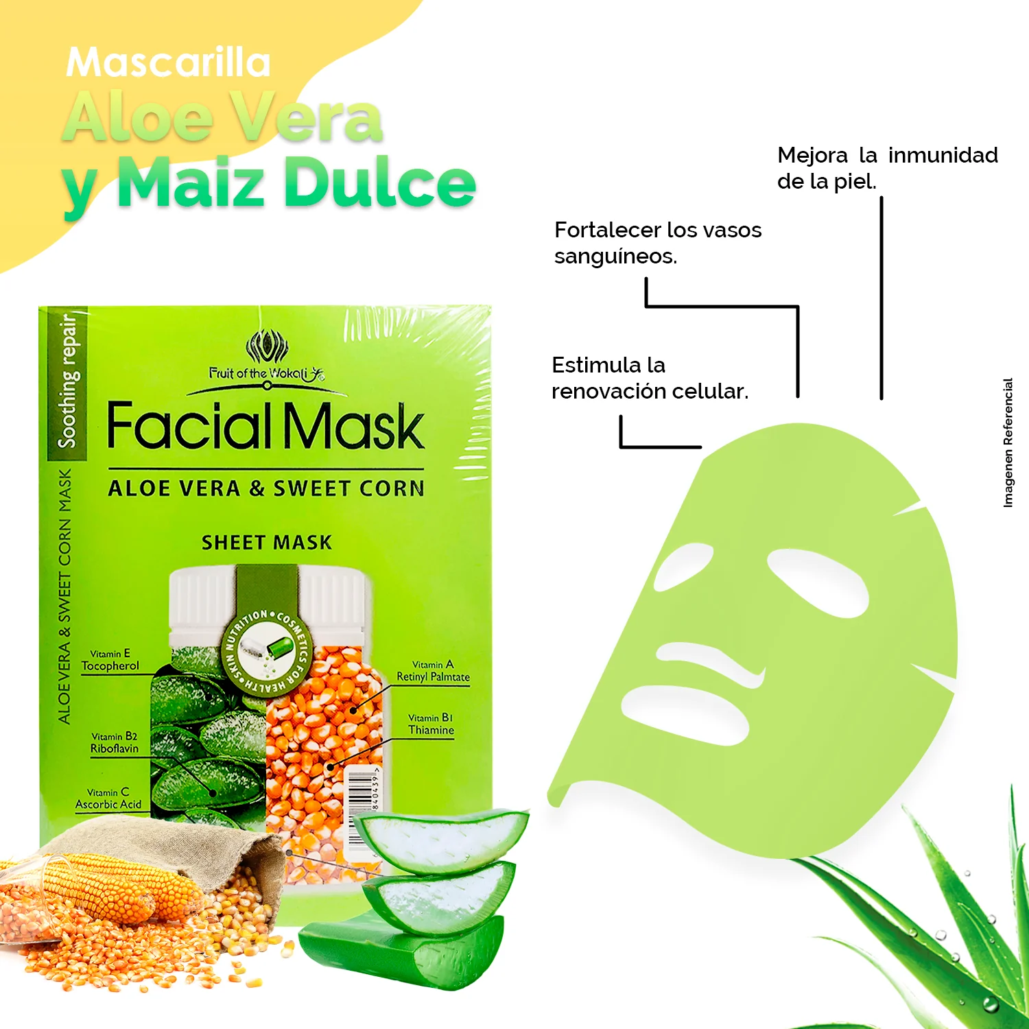 FRUIT OF THE WOKALI – HIDRATANTE Y REAFIRMANTE – MASCARILLA FACIAL DE ALOE VERA Y MAÍZ DULCE – 10 UND - Image 4