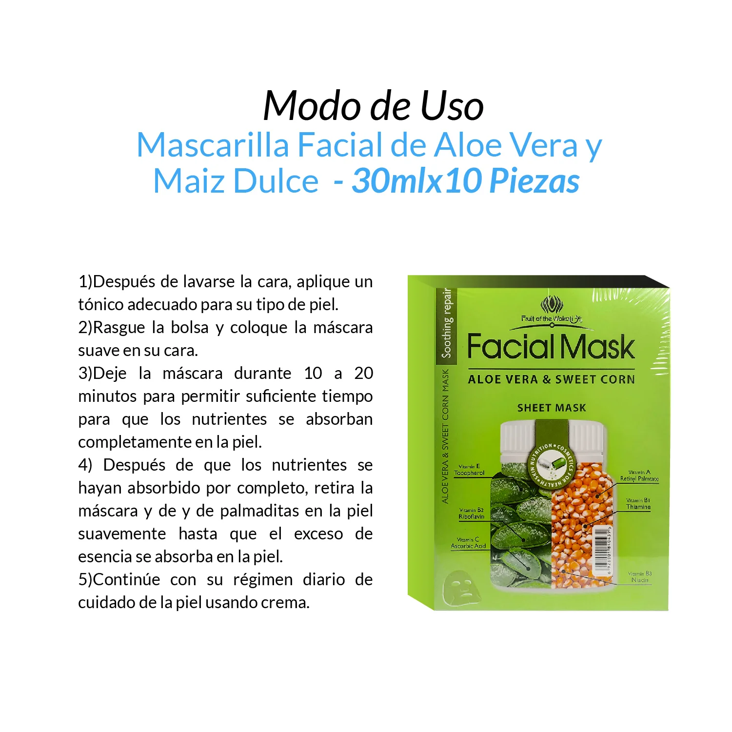 FRUIT OF THE WOKALI – HIDRATANTE Y REAFIRMANTE – MASCARILLA FACIAL DE ALOE VERA Y MAÍZ DULCE – 10 UND - Image 5