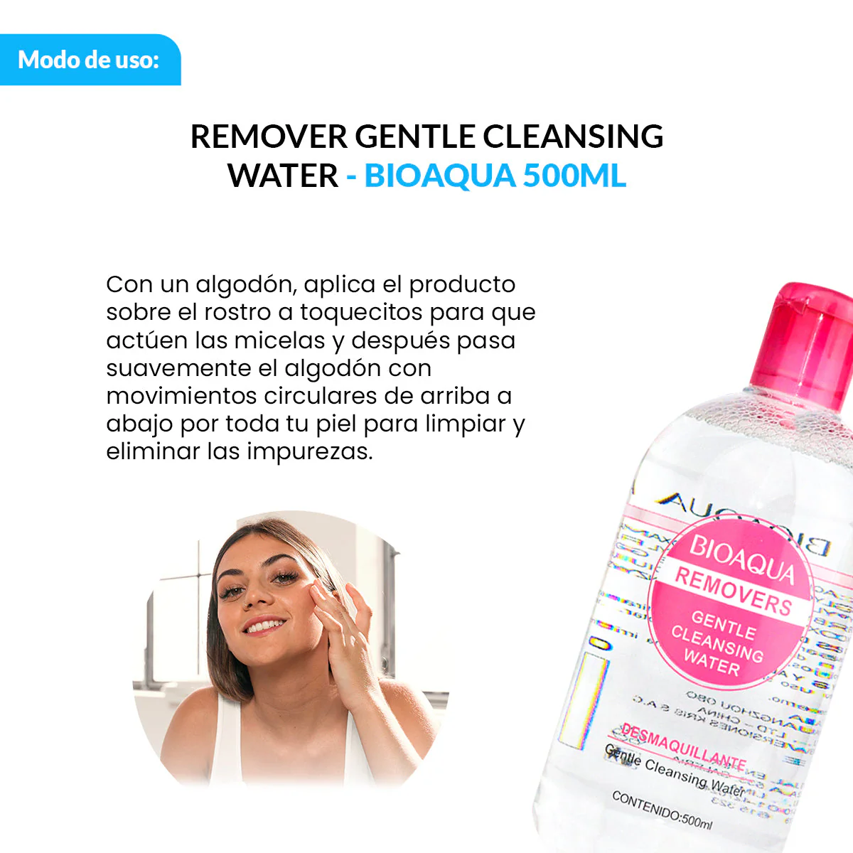 BIOAQUA Remover Gentle Cleansing Water – Agua Micelar Suave – 500ml - Image 3