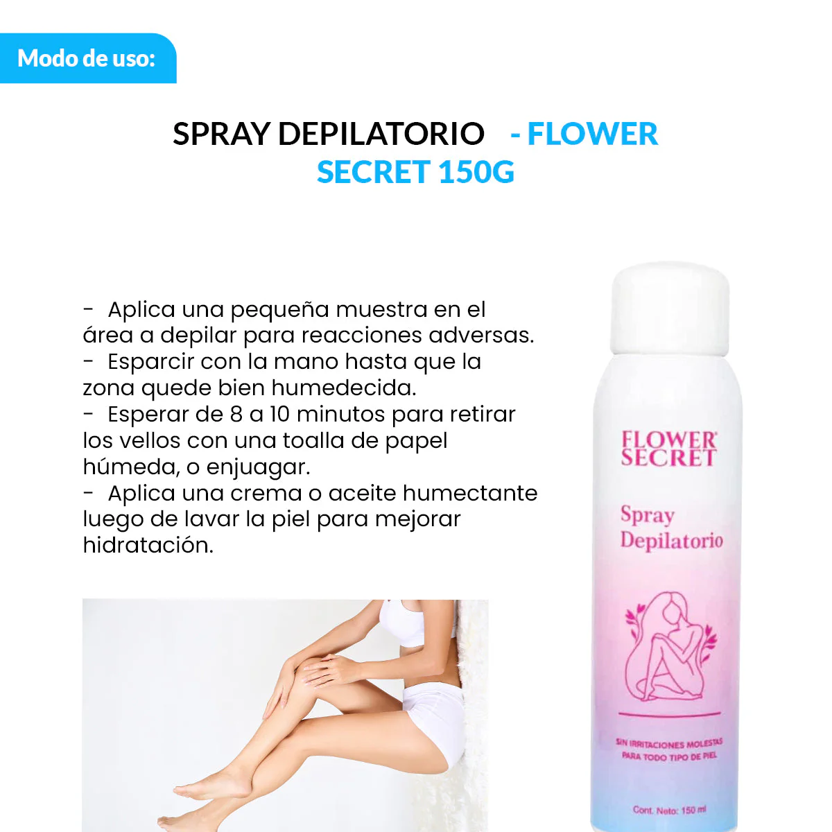 FLOWER SECRET – DEPILACIÓN RÁPIDA Y SUAVE – SPRAY DEPILATORIO 150ml - Image 3
